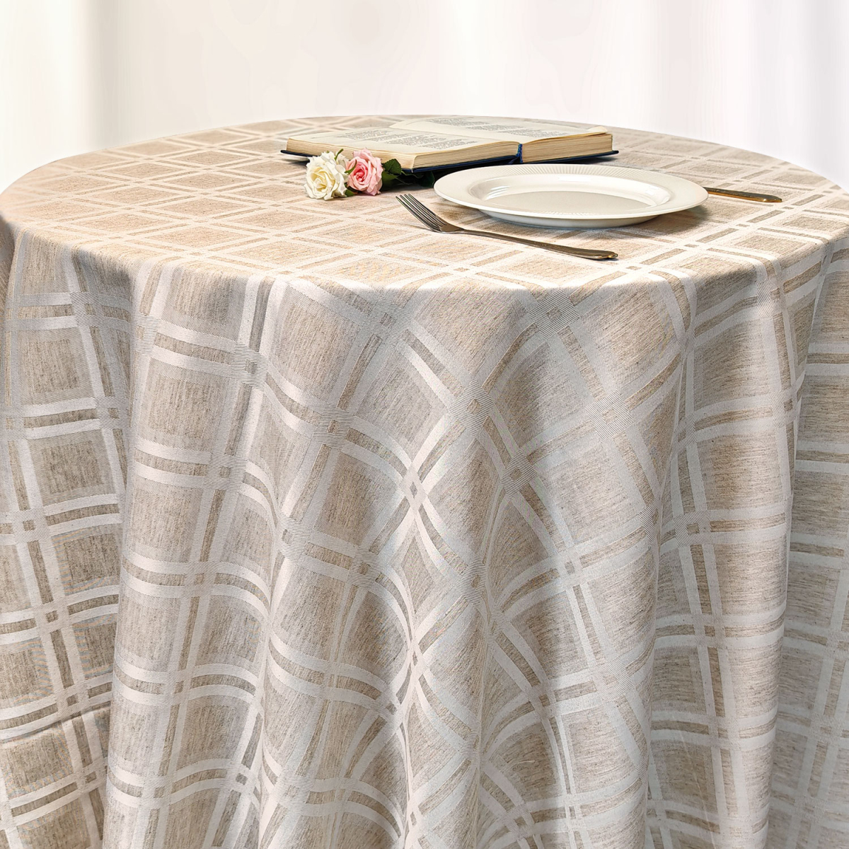 Скатерть d-300 см. цвет натуральный лён дизайн 2766 клетка с водоотталкивающей пропиткой Скатерть d-300 см. цвет натуральный лён дизайн 2766 клетка с водоотталкивающей пропиткой